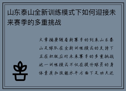 山东泰山全新训练模式下如何迎接未来赛季的多重挑战