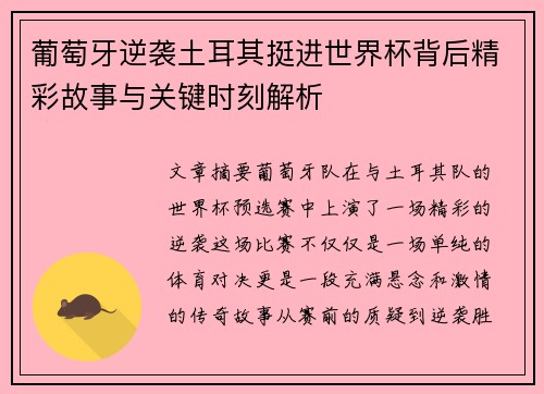 葡萄牙逆袭土耳其挺进世界杯背后精彩故事与关键时刻解析
